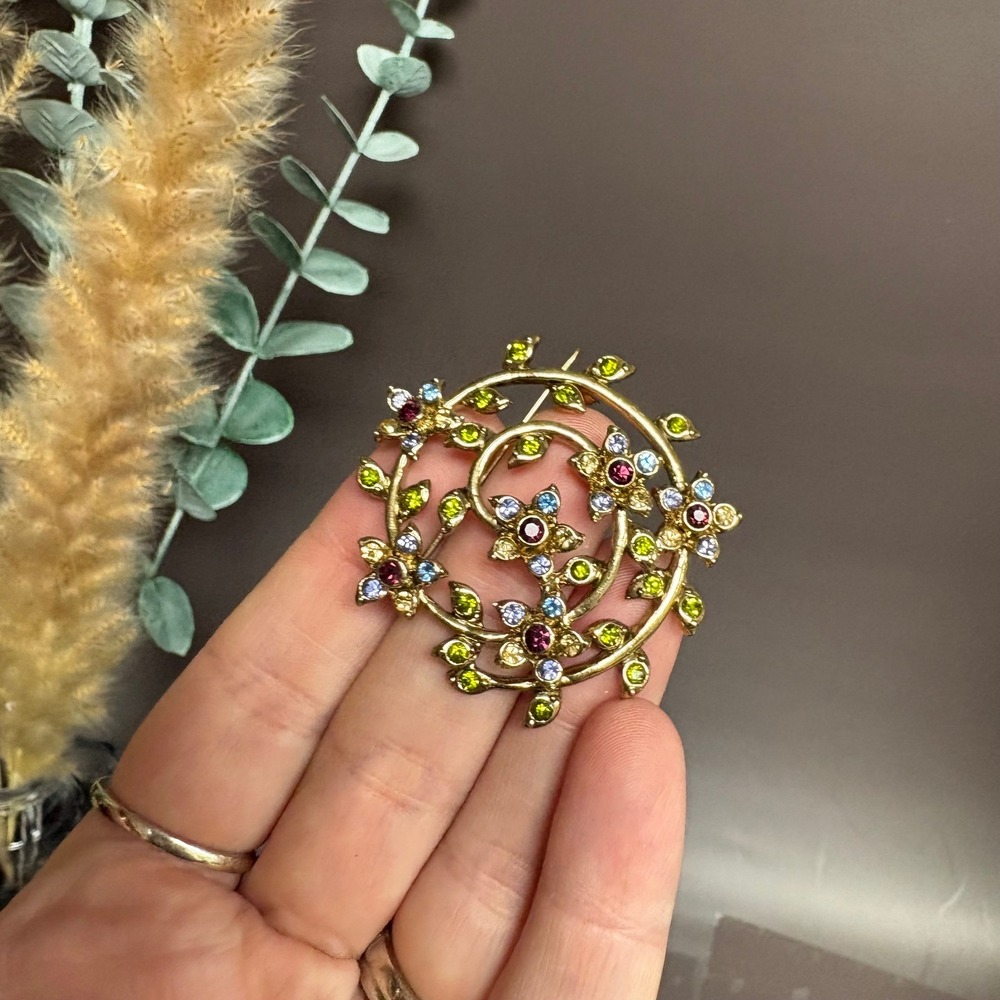 Monet Rhinestone Brooch | Floral Circle Pin | Multicolor Gold Vintage